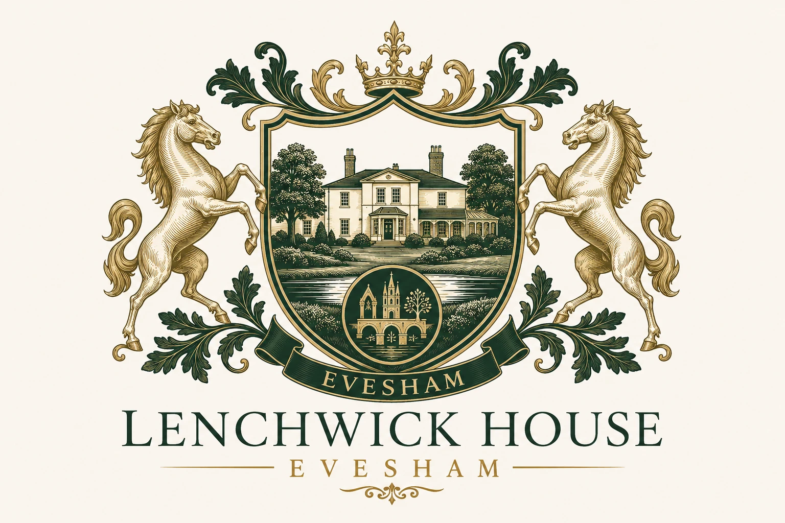 Lenchwick House, Evesham — crest with two rearing horses flanking a shield
